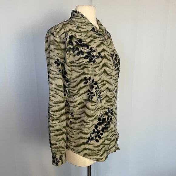 Vintage Blouse Top Size Small Olive Green Boho Leaf Print Long Sleeve Button - Picture 6 of 13